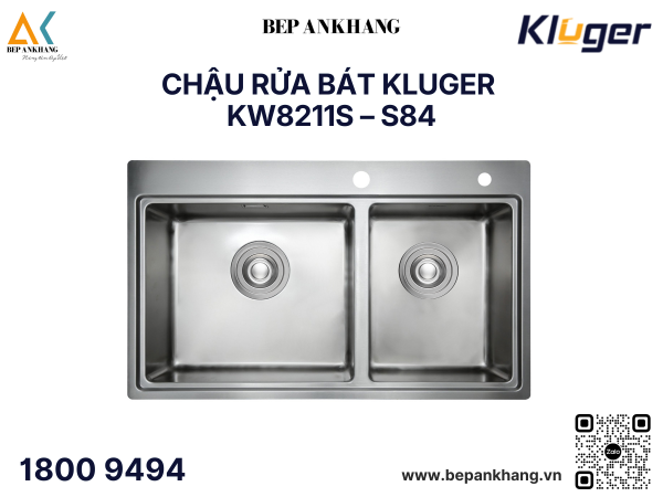 Chậu rửa bát 2 hố Kluger KW8211S S84 - Inox POSCO 304 - Bề mặt Brushed dễ vệ sinh